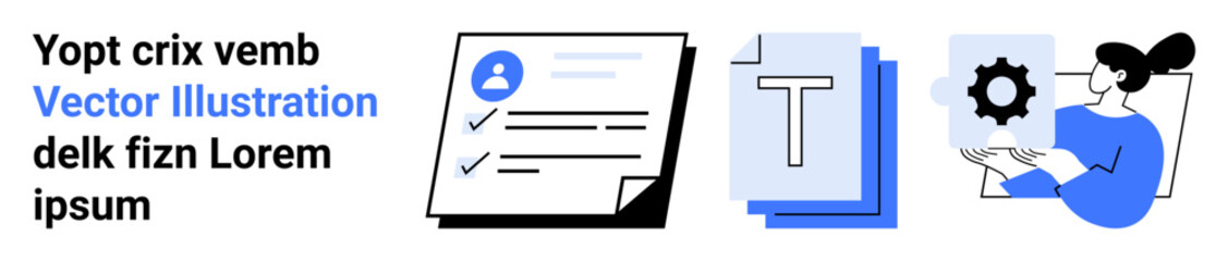 Document processing, workflow optimization, text editing, digital tools, task management, collaboration. Papers, text editing document gear icon and a person holding settings gear. Document