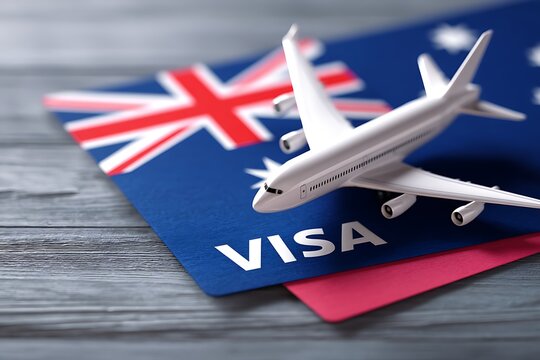 A white airplane model rests on an Australian visa card and a red passport on a wooden surface.
