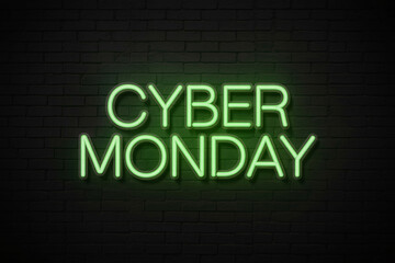 Obraz premium Cyber Monday neon sign glowing green on dark digital background for online shopping sale and ecommerce promotion