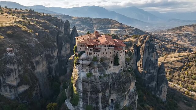 meteora monastery perched on towering cliff in greece aerial panorama
