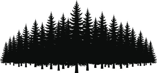Black and white evergreen pine forest silhouette vector illustration isolated on white background for nature landscape design and mountain scenery © Moshraful