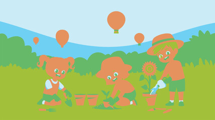 Naklejka premium Children Gardening Outdoor Hot Balloons