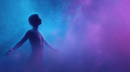 Fototapeta premium Silhouette of a man with arms outstretched looking up at a starry sky. Ethereal cosmic background with glowing blue and purple particles. Spiritual awakening and connection to the universe concept