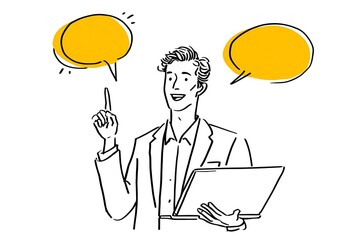 A smiling businessman holding a laptop with a thoughtful expression and two speech bubbles above his head.