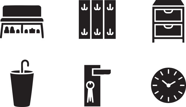 Hallway and entryway furniture and accessory icons in black silhouette.