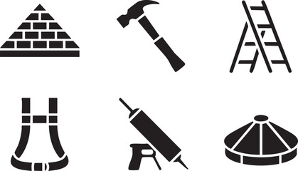 Construction and building tools icons, pyramid, hammer, ladder, harness, caulking gun and tent © MOHAMMAD
