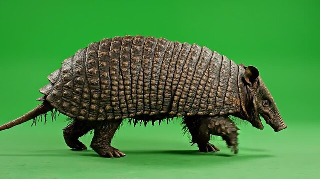Armadillo walking on green floor seen from side in studio setting