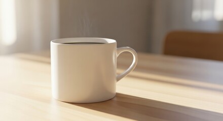 White coffee mug on wooden table in morning light