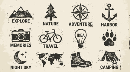 Obraz premium Set of travel and adventure icons for exploration and outdoor activities