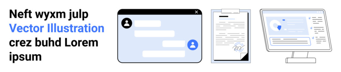 Obraz premium Digital communication, remote work, cybersecurity, data management, online collaboration, secure messaging. A chat interface, document file and desktop with a shield symbol. Digital communication