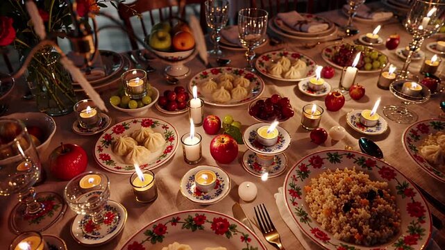warm candlelight illuminates vibrant persian feast table setting | celebration, dining, culture, festive, ambiance theme