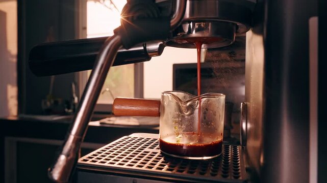 Incorrect Espresso Extraction with Uneven Coffee Stream from Portafilter into Glass Cup in Slow Motion, Close View of Brewing Error Showing Channeling and Poor Balance