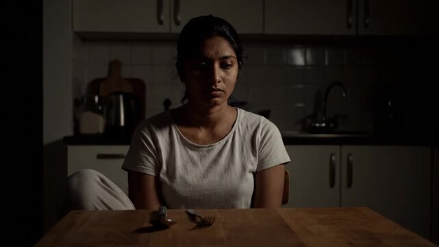 A young woman sits at a table in a dimly lit kitchen, appearing distressed as she looks down at two small objects on the table.
