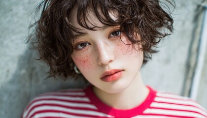 Młoda kobieta azjatycka z modną, krótką, kręconą fryzurą i rumieńcami na policzkach. © Avrilin