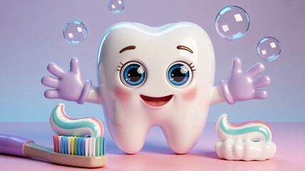 Friendly cartoon tooth character with toothbrushes and bubbles