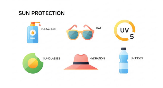Sun protection concept with icons for sunscreen hat sunglasses hydration and uv index
