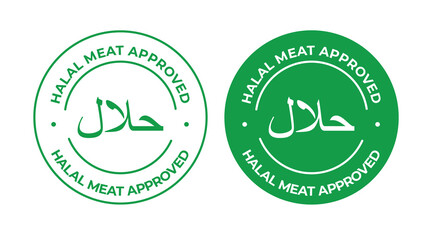 Halal Meat Approved Logo Badge Green Round Islamic Food Certification Vector Emblem Set