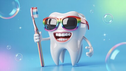 Smiling cartoon tooth character holding toothbrush with sunglasses