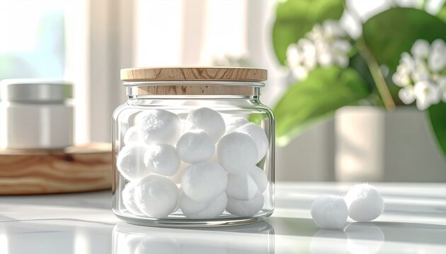 Cotton balls in a glass jar on a table.