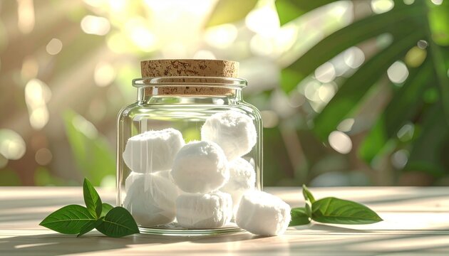 Cotton balls in a jar with cork lid and basil leaves.