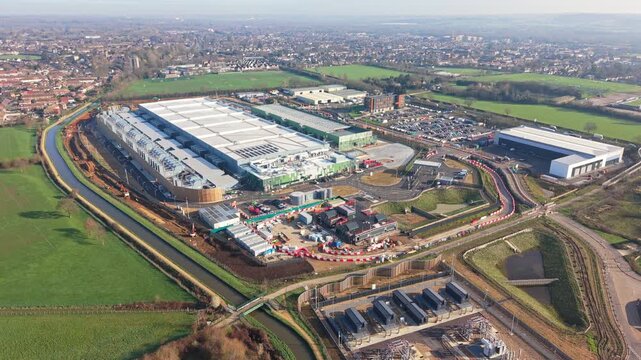 Aerial video of a large data Centre construction in Waltham Cross, Hertfordshire, UK