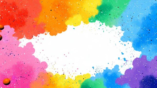 Rainbow arch over cute cartoon landscape with smiling hills, tiny flowers and confetti, open space for captions, colorful 2D vector style, cheerful playful scene  video.