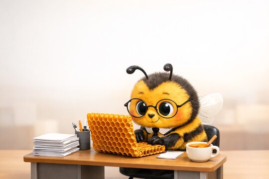 Cute cartoon bee wearing glasses and tie working at honeycomb laptop desk, pastel office scene with coffee cup and copy space for business or productivity themes.