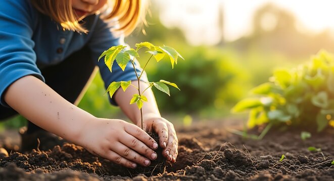 Close-up of a little girl's hands carefully planting a young tree seedling in fertile soil at sunset, representing new life and nature.