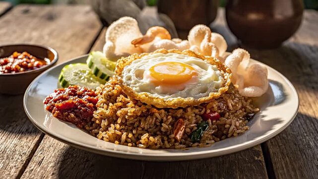 A delicious plate of fried rice with egg and condiments on a rustic wooden table viewed from a slight angle