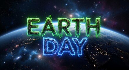 Obraz premium EARTH DAY text with green leaves and blue neon glow over a night view of the planet from space, symbolizing environmental celebration.