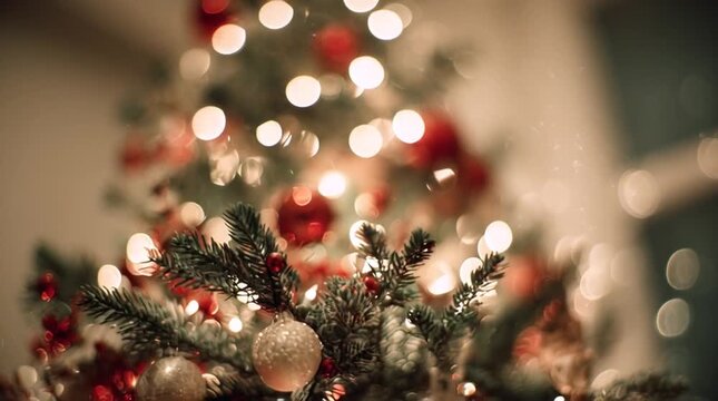 Vintage soft focus closeup of decorated Christmas tree with red ornaments and white lights, blurry 1970s 35mm film style with grain, dust and scratches, nostalgic holiday aesthetic video
