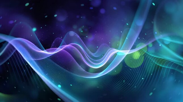 Abstract holographic sound waves on purple blue gradient background with glowing green shapes, psychedelic hologram aesthetic, vibrant cinematic visuals inspired by indie film style, high contrast 