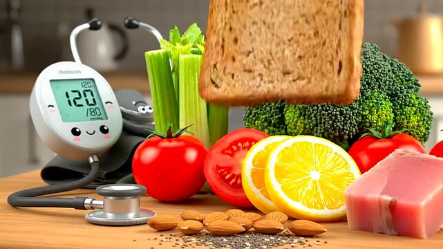 Promoting heart health awareness with a medical device showing optimal readings; a healthy diet featuring whole grain toast, fresh vegetables, and lean protein.