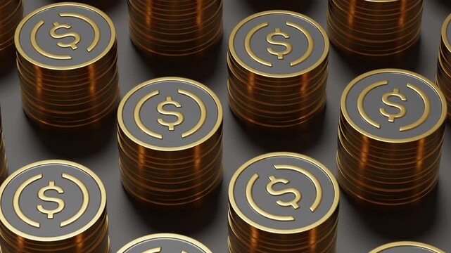 Stack of USDC coins. Looped video. 3d animation.