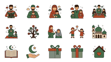Naklejka premium Collection of Islamic Symbols and Characters Celebrating Eid