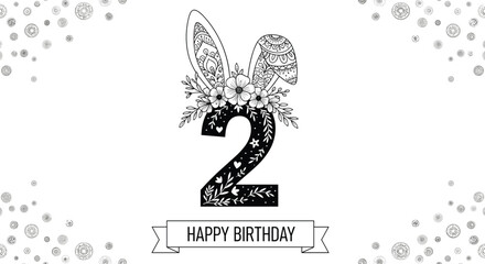 Fototapeta premium Second birthday greeting card with a large decorative number two featuring bunny ears, flowers, and patterns in black and white.