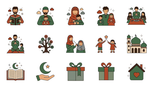 Collection of Islamic Symbols and Characters Celebrating Eid