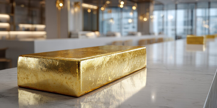 Business office interior with gold bar as paperweight, gold, understated luxury and asset branding