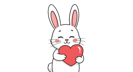 Fototapeta premium Sweet cartoon illustration of a white rabbit with pink ears holding a large red heart with a happy expression.