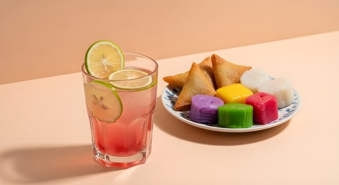 Vibrant Iftar spread featuring pink lime juice, crispy samosas, and assorted traditional Malay kuih muih on a rustic wooden table