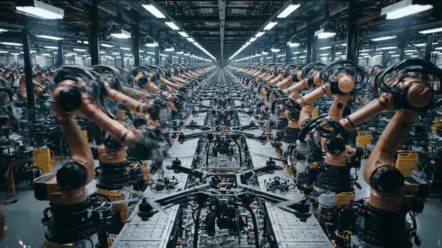 Industrial Robotics Assembly Line In a Modern Factory