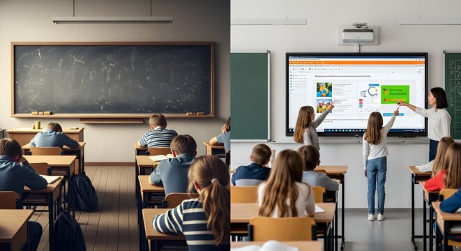 Split education reform: left outdated classroom chalkboard dust disengaged students; right interactive digital board active participation innovation solution