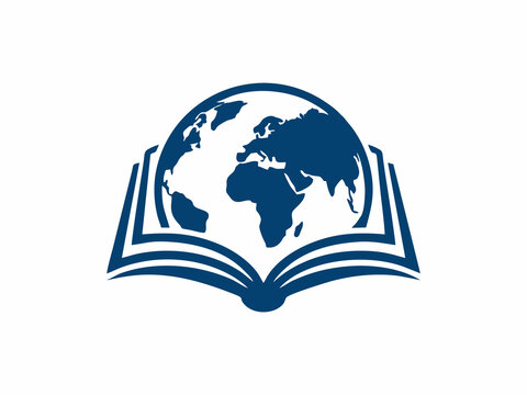 Global education and knowledge logo with book and world globe