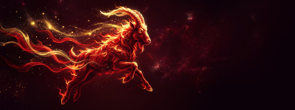 Wide banner or header with Fiery Goat Dynamic Art for 2027 Lunar New Year Celebrations, Chinese Zodiac Websites, Aries Horoscope Blogs, and Cultural Event Banners