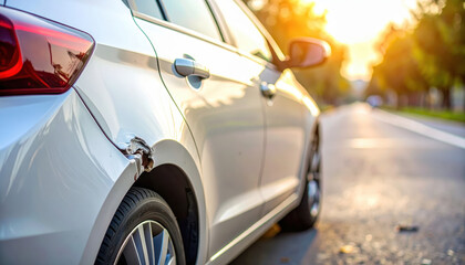 Fototapeta premium Car accident insurance photo with damage for claim estimate and safety concept on urban road at sunset