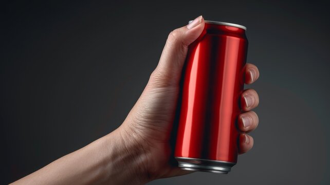 Hand holding a sleek red aluminum can of beverage, ideal for energy drinks, soda, or product mockups.