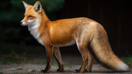 Obraz premium Red fox standing in profile on forest floor with detailed fur and alert expression, warm orange coat and bushy tail in soft natural light