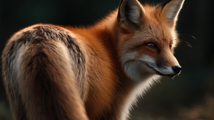 Obraz premium Detailed red fox with intricate fur pattern and alert expression in soft forest light, showing back view and face profile with warm orange coat and fluffy tail