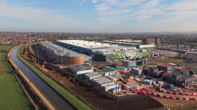 Aerial video of a large data Centre construction in Waltham Cross, Hertfordshire, UK