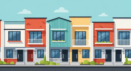 Obraz premium Row of colorful modern townhouses with balconies and greenery against a serene blue sky with clouds